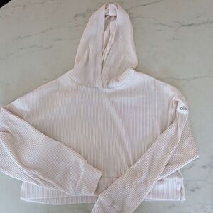 ALO Yoga Cream Ribbed Crop Top Hoodie